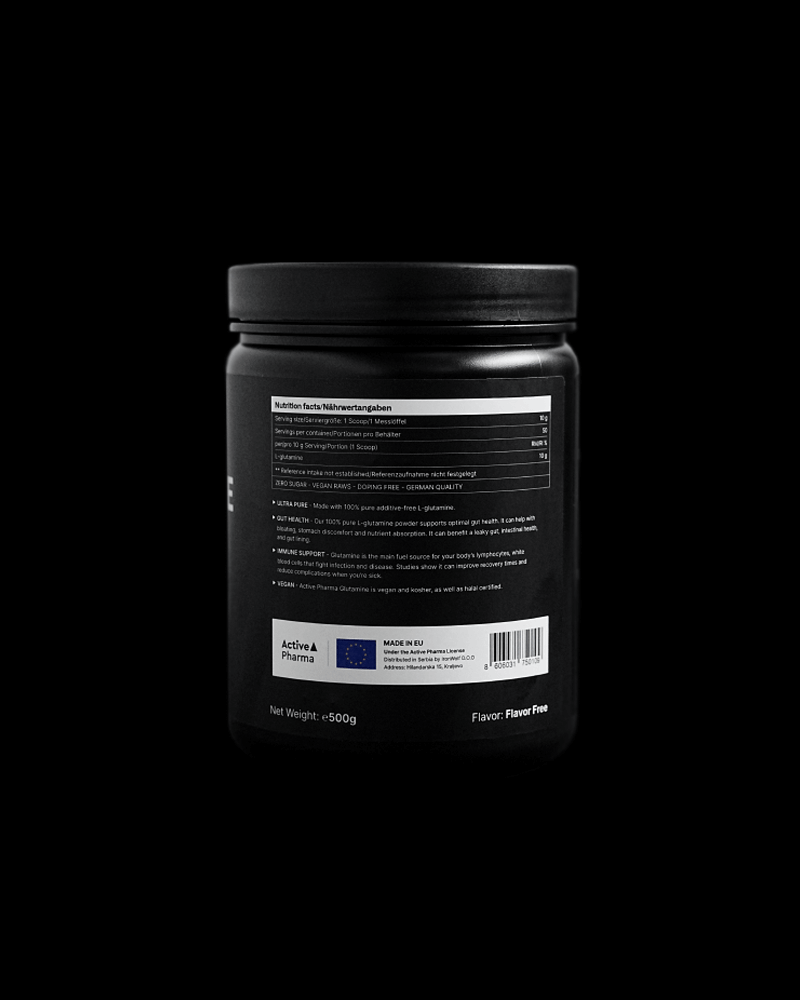 Bocna strana ActivePharma Glutamine suplementa sa podacima o proizvodu namenjenom za sportiste i rekreativce